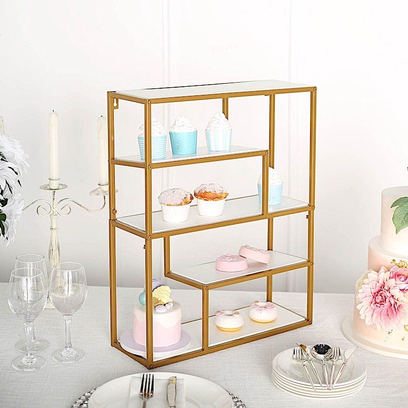 22 in Gold 4 Tier Rectangle Metal Geometric Hanging Shelf with White Wood