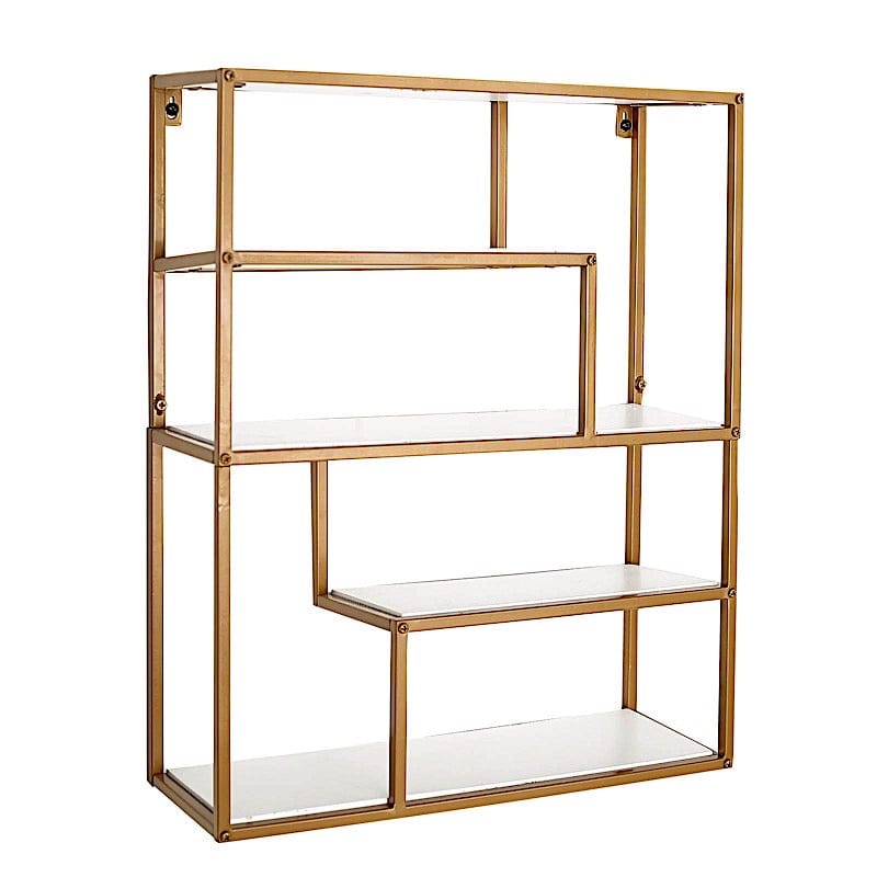 22 in Gold 4 Tier Rectangle Metal Geometric Hanging Shelf with White Wood