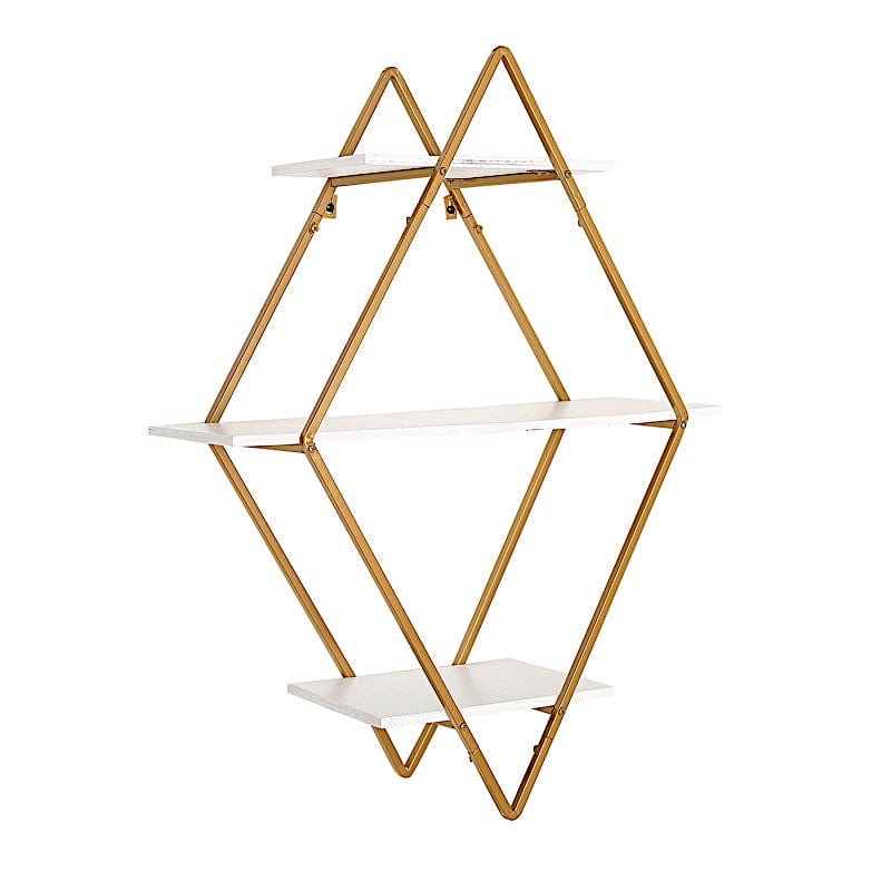 31 in Gold 3 Tier Diamond Metal Geometric Hanging Shelf with White Wood
