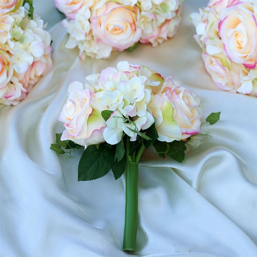 4 Pink Silk Roses and Hydrangea Flowers Bouquets