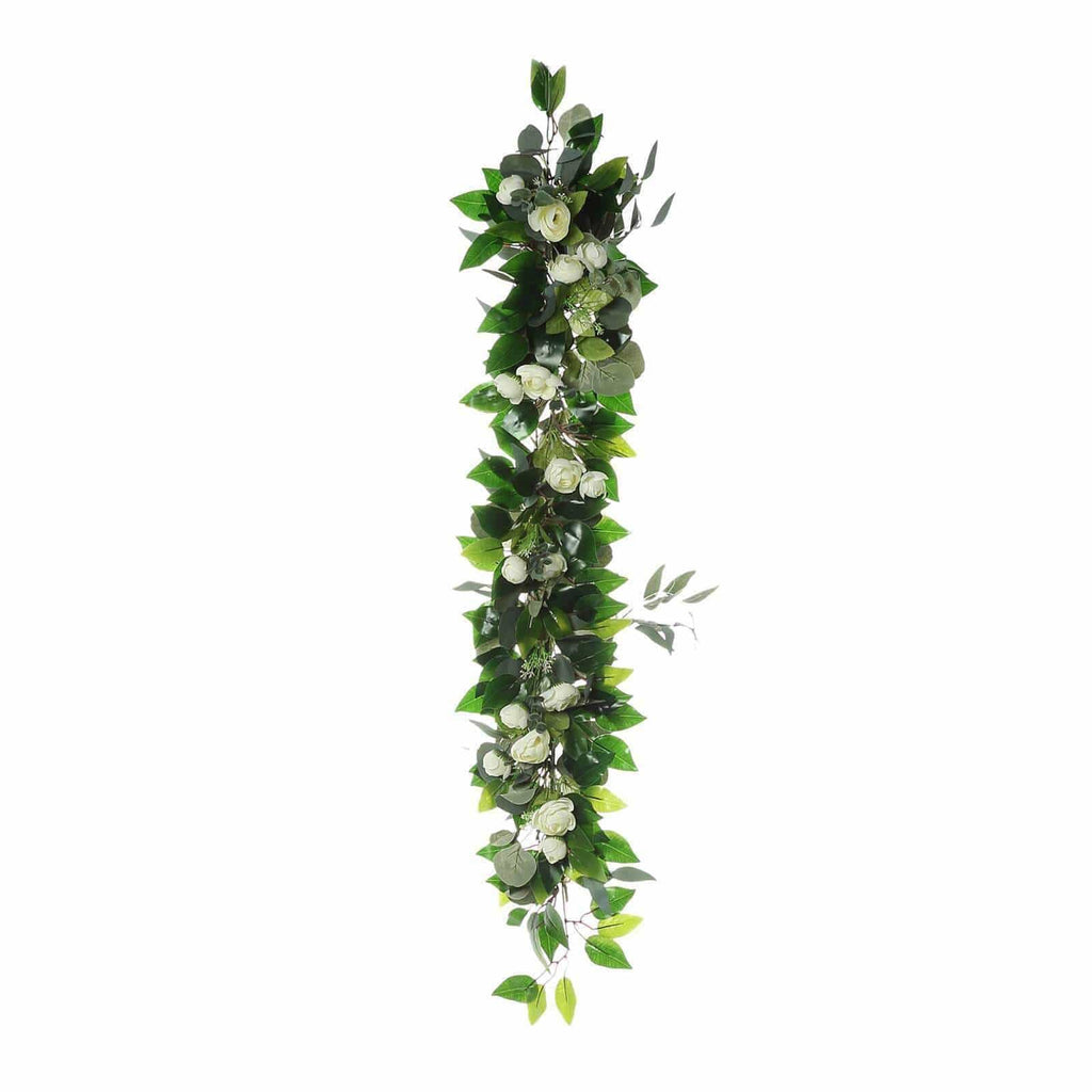 48" long Green Artificial Eucalyptus Willow Leaves with Silk Ranunculus Flowers Vine Garland