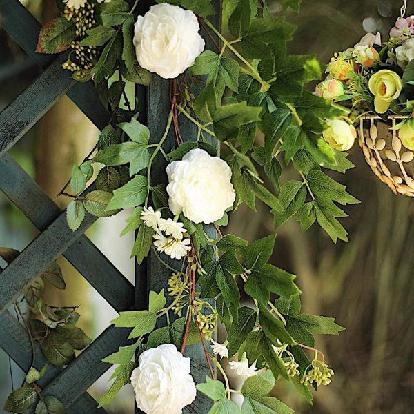 6 feet White Garland with Silk Peony Flowers and Leaves