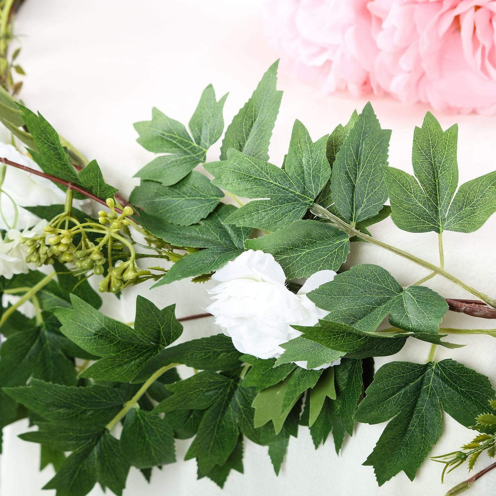 6 feet White Garland with Silk Peony Flowers and Leaves