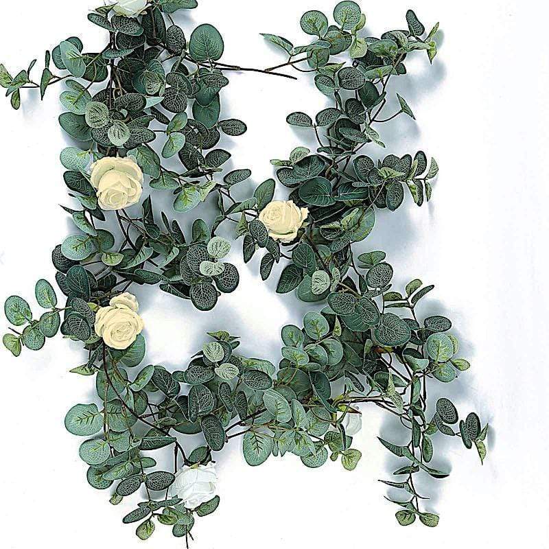 6 ft long Frosted Green Artificial Eucalyptus Leaves with Roses Flowers Vine Garland