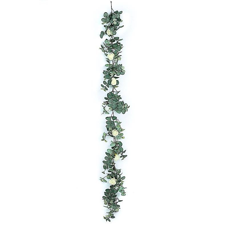 6 ft long Frosted Green Artificial Eucalyptus Leaves with Roses Flowers Vine Garland