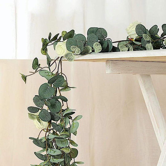 6 ft long Frosted Green Artificial Eucalyptus Leaves with Roses Flowers Vine Garland
