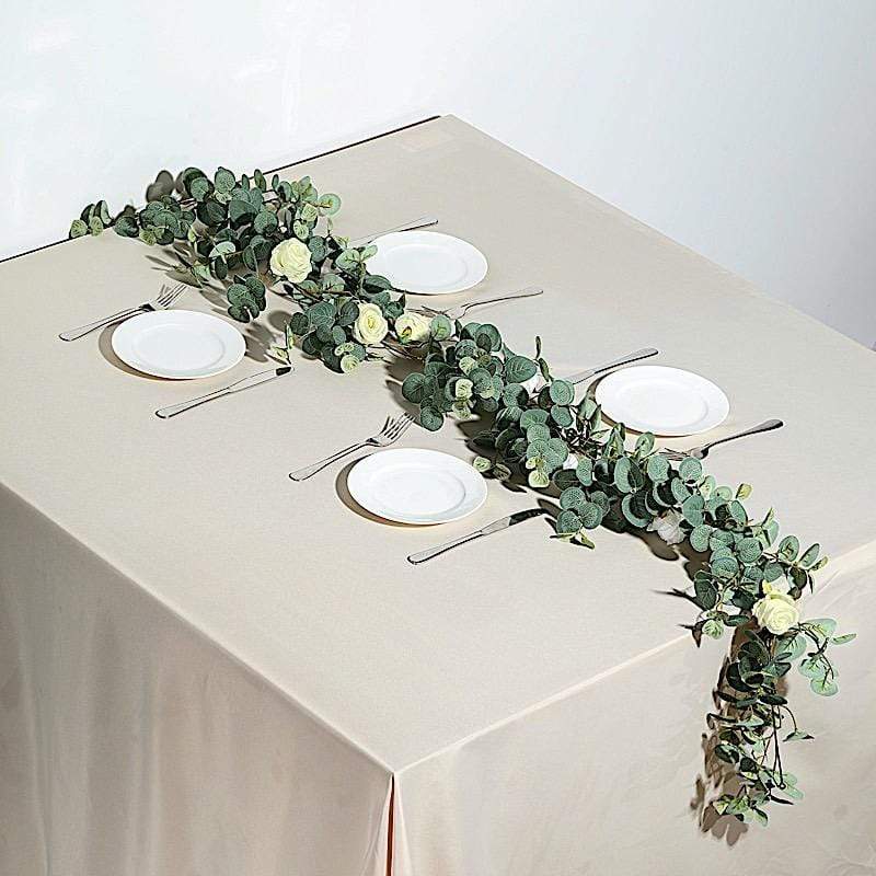 6 ft long Frosted Green Artificial Eucalyptus Leaves with Roses Flowers Vine Garland