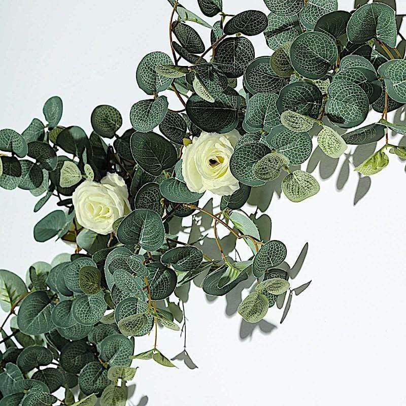 6 ft long Frosted Green Artificial Eucalyptus Leaves with Roses Flowers Vine Garland