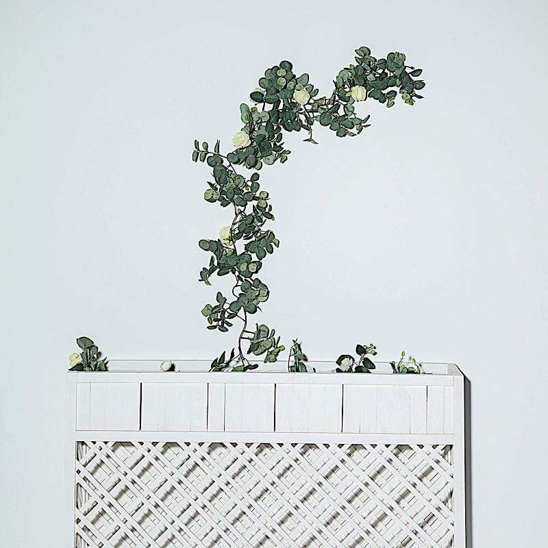 6 ft long Frosted Green Artificial Eucalyptus Leaves with Roses Flowers Vine Garland