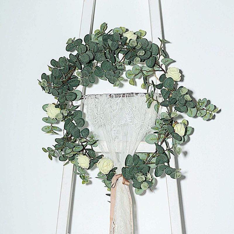 6 ft long Frosted Green Artificial Eucalyptus Leaves with Roses Flowers Vine Garland