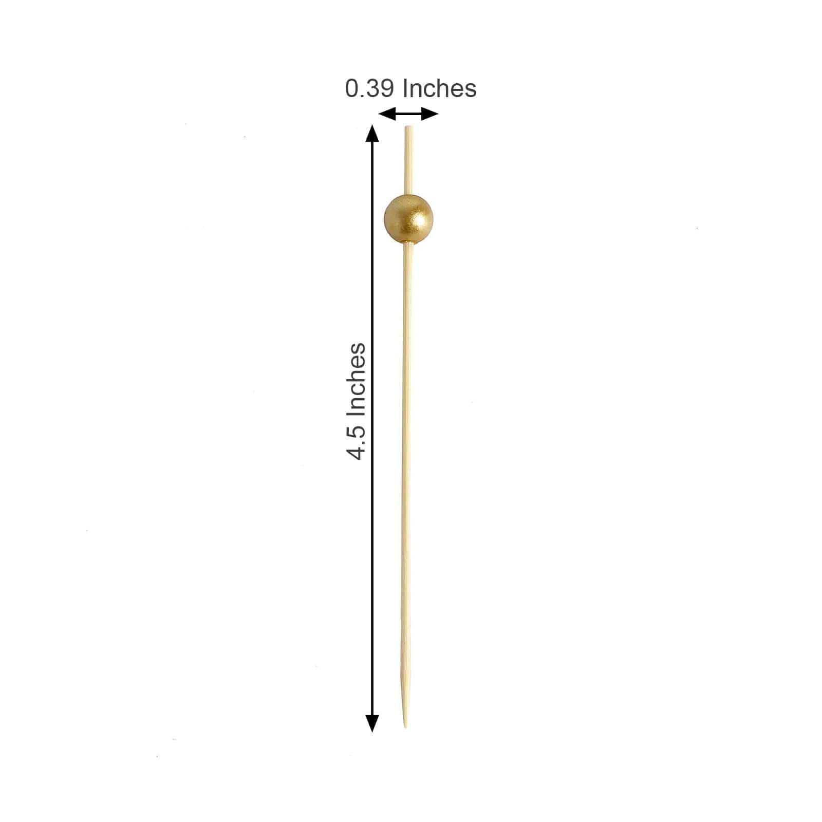 100 Light Brown 4.5 in Natural Sustainable Bamboo Skewers Cocktail Picks with Gold Pearls