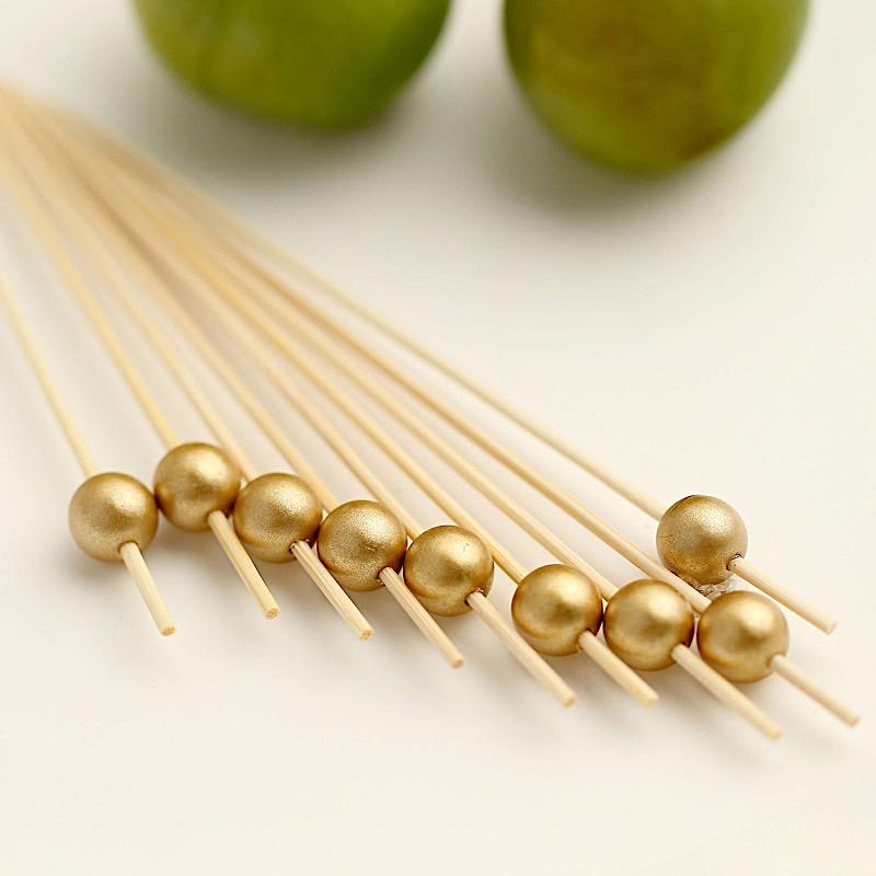 100 Light Brown 4.5 in Natural Sustainable Bamboo Skewers Cocktail Picks with Gold Pearls