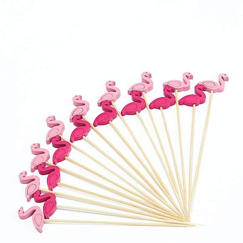 100 pcs 5 in long Light Brown Natural Sustainable Bamboo Skewers Cocktail Picks with Flamingo Top