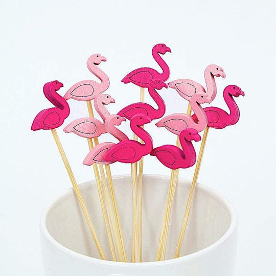 100 pcs 5 in long Light Brown Natural Sustainable Bamboo Skewers Cocktail Picks with Flamingo Top