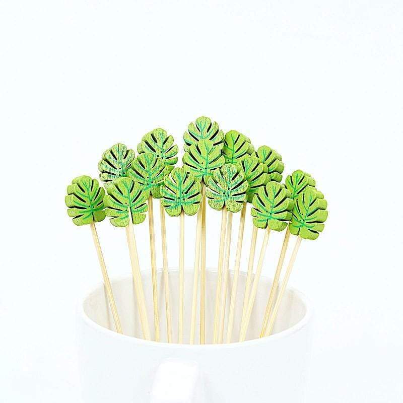 100 pcs 5 in long Light Brown Natural Sustainable Bamboo Skewers Cocktail Picks with Leaf Top