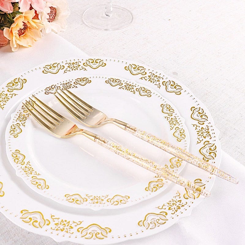 24 Clear Disposable Plastic Forks with Gold Glittered Handle