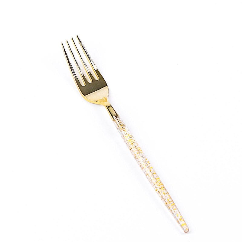 24 Clear Disposable Plastic Forks with Gold Glittered Handle