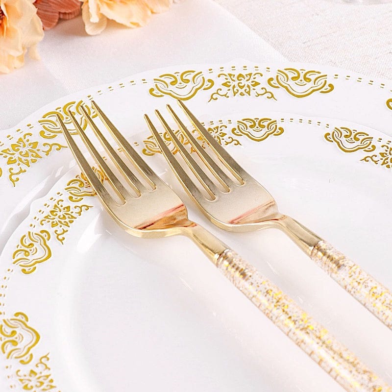 24 Clear Disposable Plastic Forks with Gold Glittered Handle