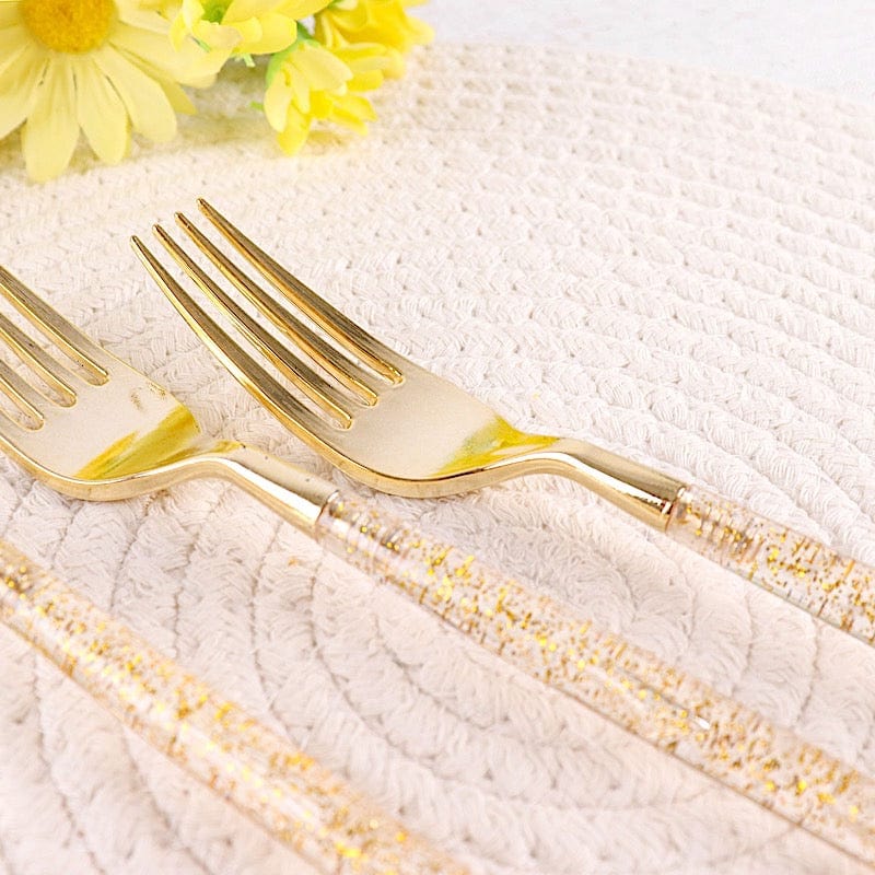 24 Clear Disposable Plastic Forks with Gold Glittered Handle