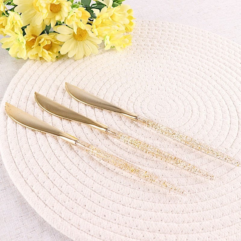 24 Clear Disposable Plastic Knives with Gold Glittered Handle