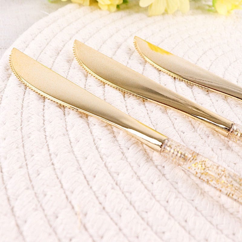 24 Clear Disposable Plastic Knives with Gold Glittered Handle