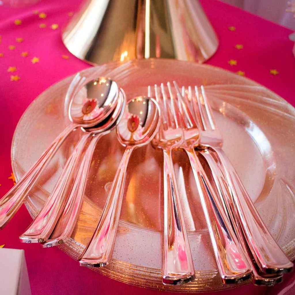 30 pcs Rose Gold Metallic Set Disposable Plastic Party Spoons, Forks, and Knives