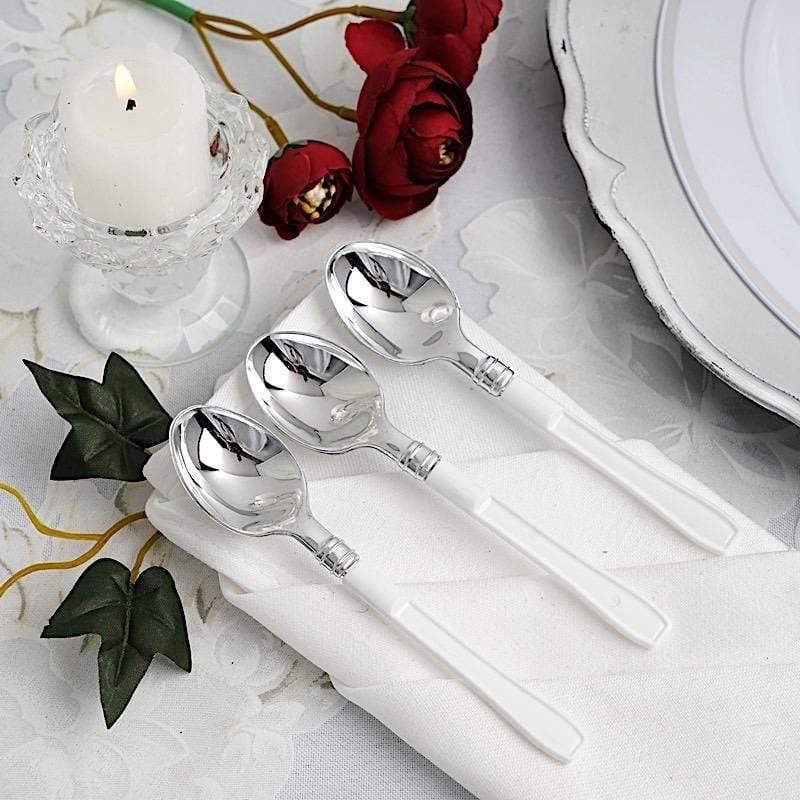 36 pcs 5" Silver Disposable Plastic Party Spoons with White Handle