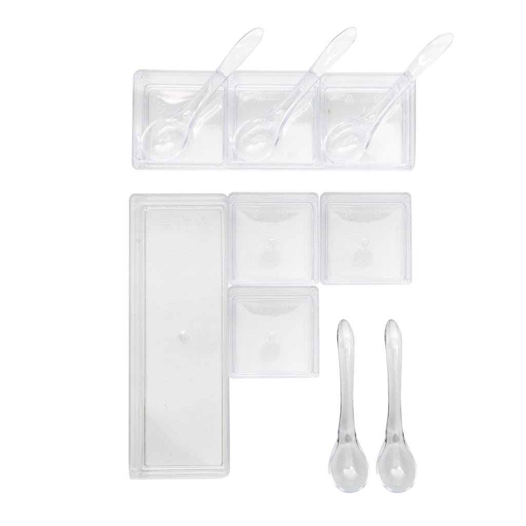 6 Clear Trays with 3 Square Condiment Containers and Spoons Set