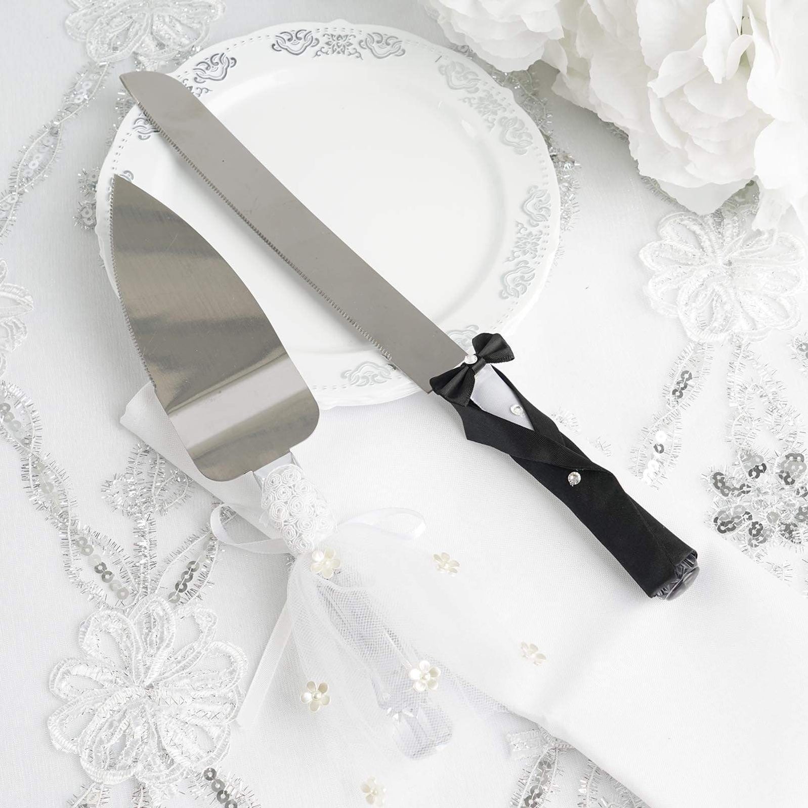 Silver Wedding Cake Knife and Server Set with Groom Bride Handles ...