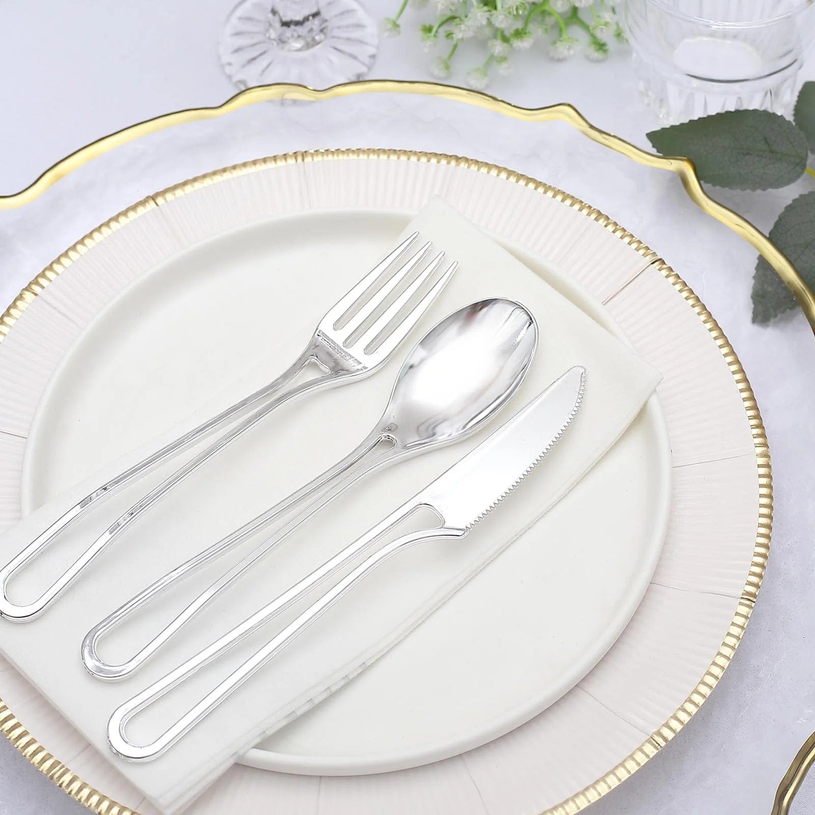 24 Disposable Plastic Cutlery with Hollow Handle Spoons Forks and Knives Set