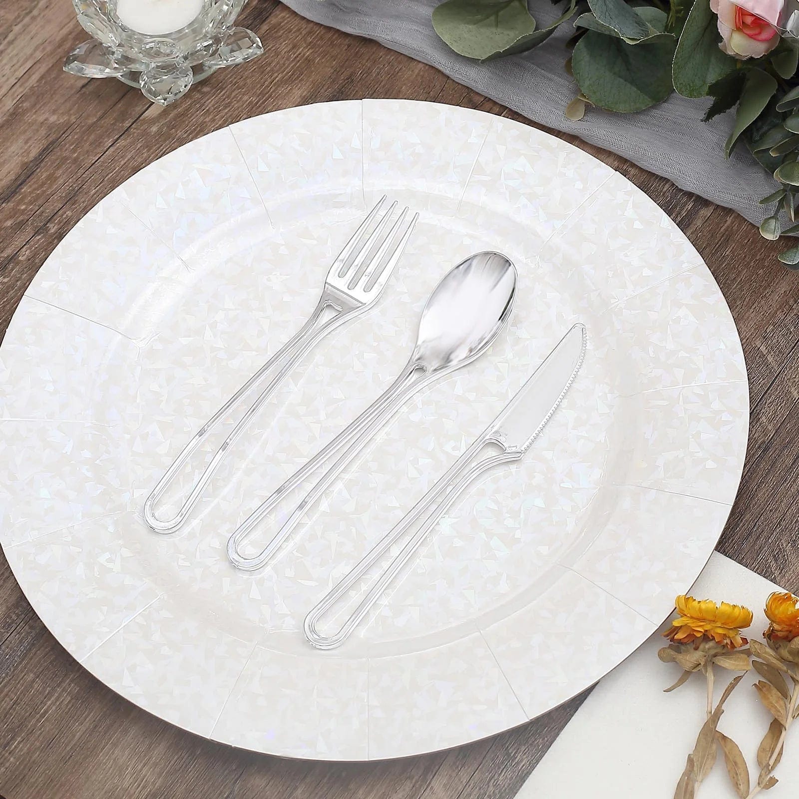 24 Disposable Plastic Cutlery with Hollow Handle Spoons Forks and Knives Set