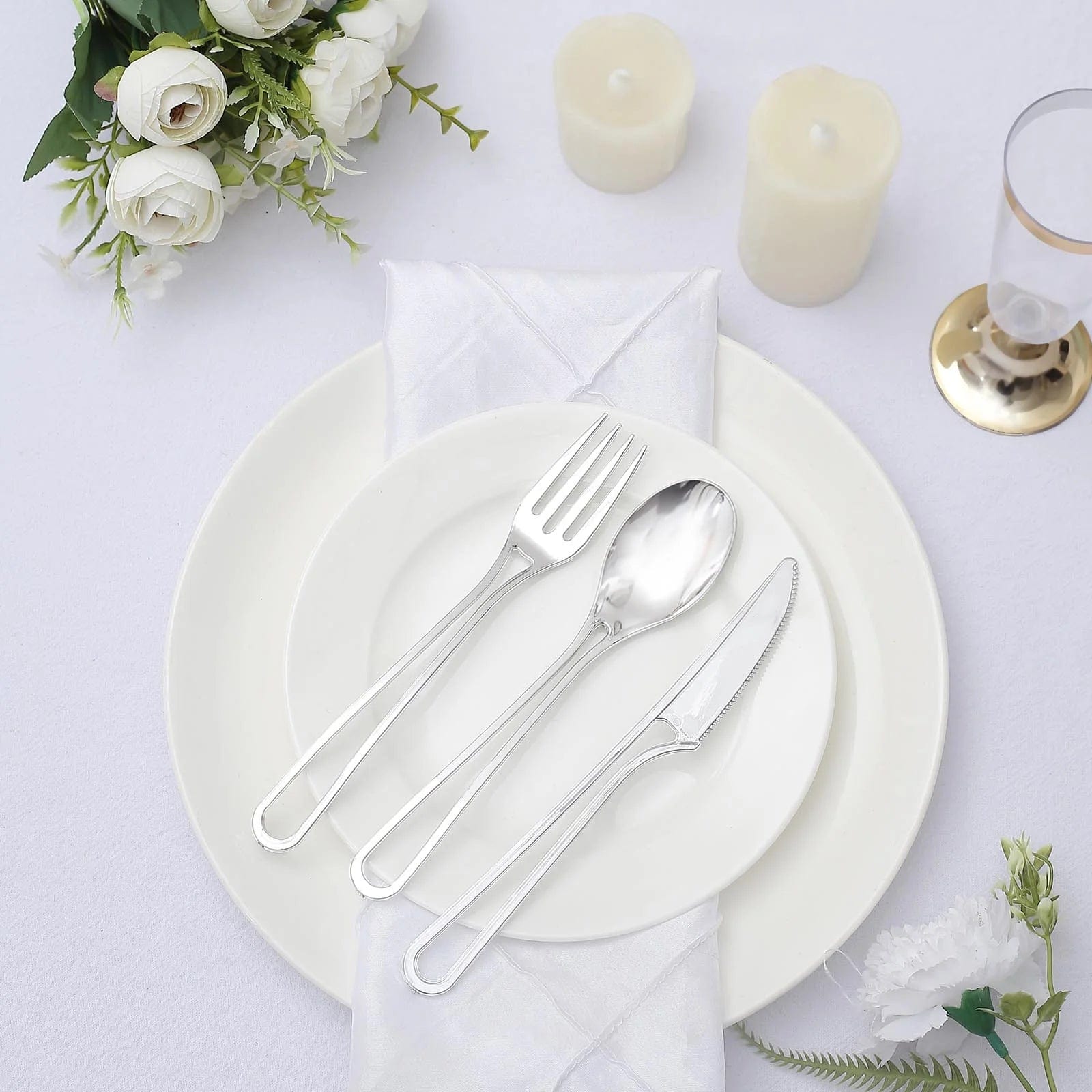 24 Disposable Plastic Cutlery with Hollow Handle Spoons Forks and Knives Set