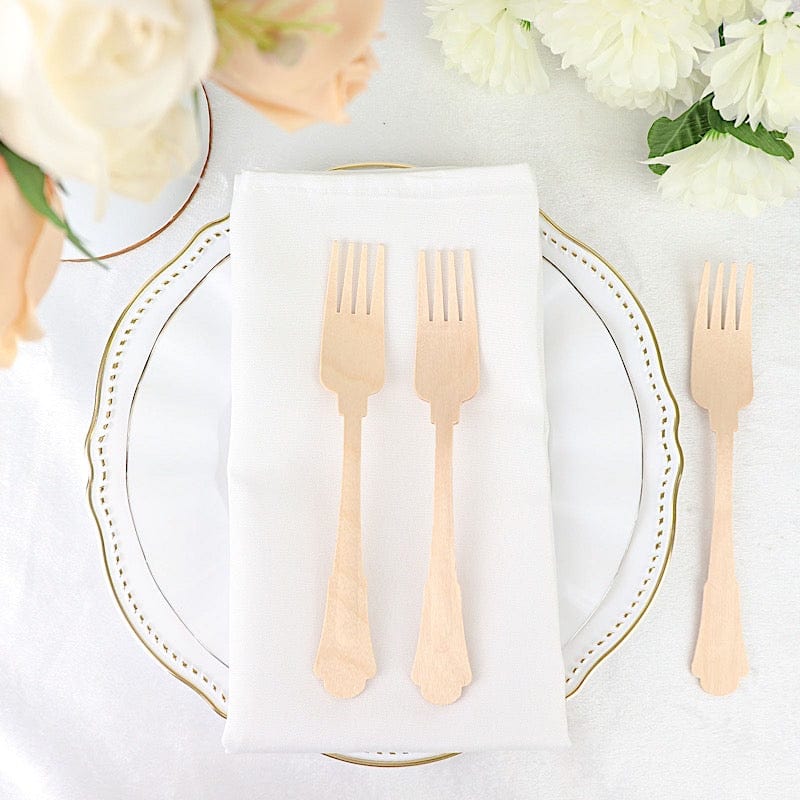 24 Natural 7.5 in Disposable Birchwood Forks with Baroque Design
