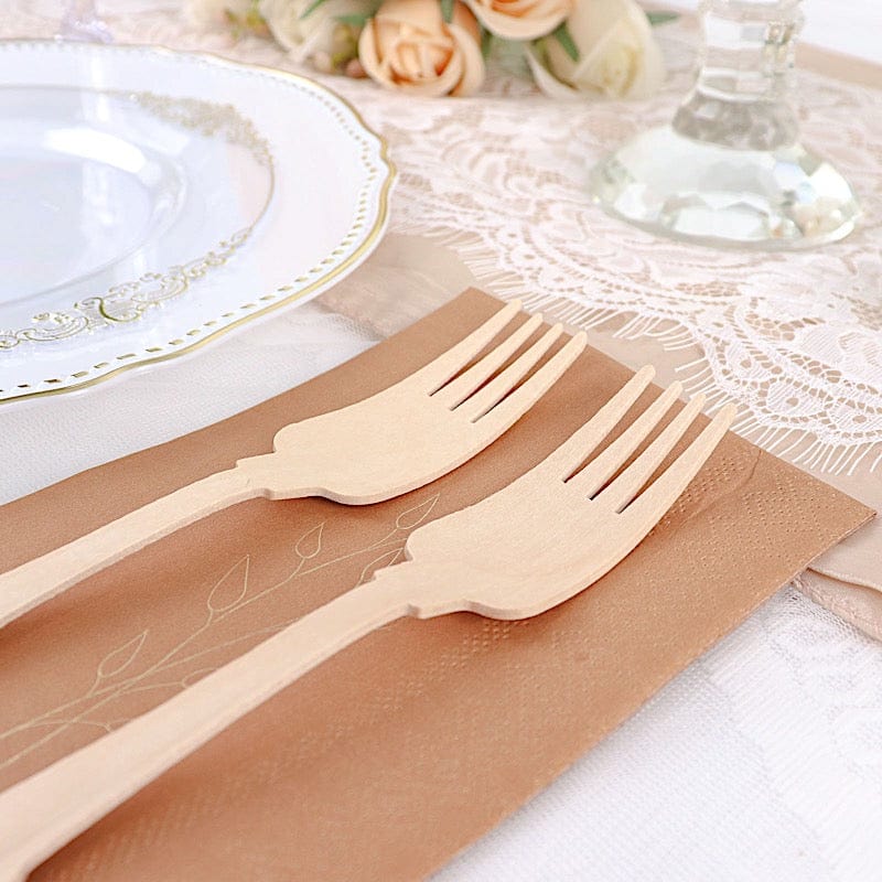 24 Natural 7.5 in Disposable Birchwood Forks with Baroque Design