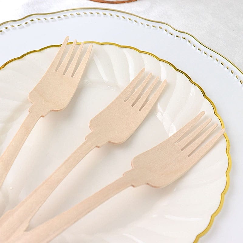24 Natural 7.5 in Disposable Birchwood Forks with Baroque Design
