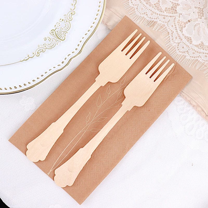24 Natural 7.5 in Disposable Birchwood Forks with Baroque Design