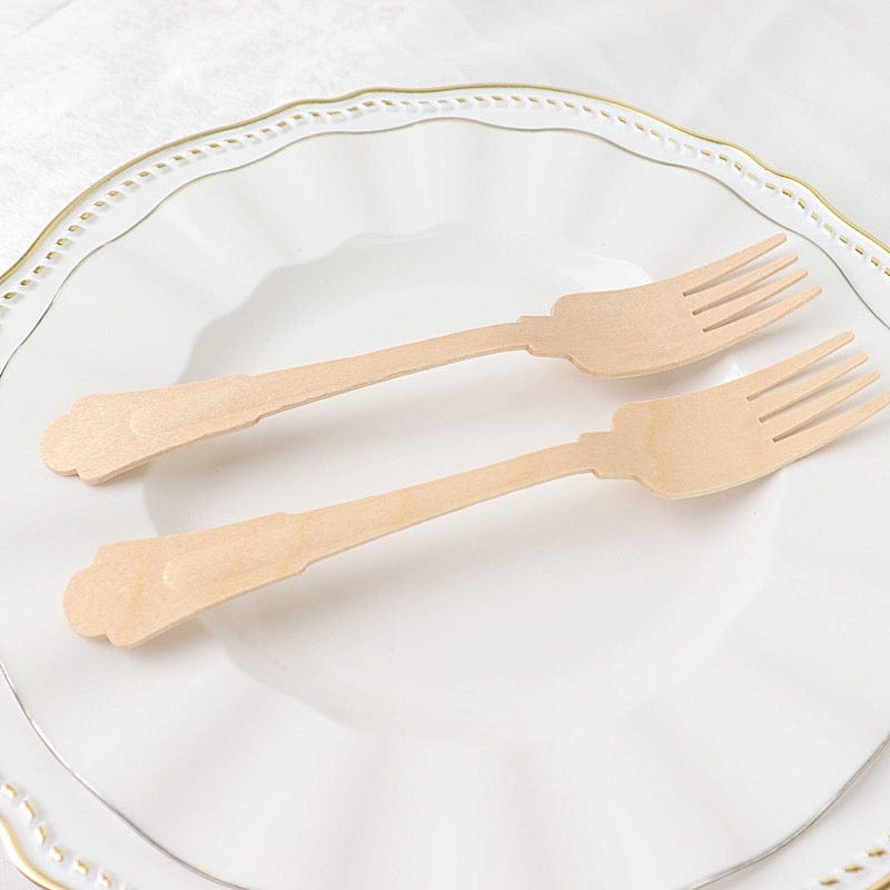 24 Natural 7.5 in Disposable Birchwood Forks with Baroque Design