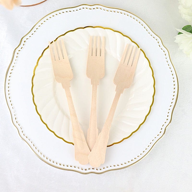 24 Natural 7.5 in Disposable Birchwood Forks with Baroque Design