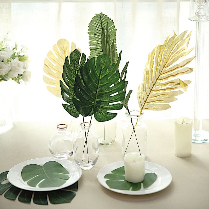 28 Green and Gold Assorted Silk Leaves Artificial Plant Stems
