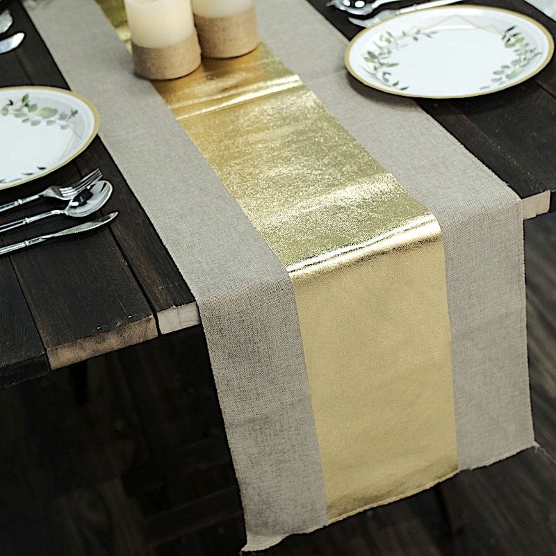 12x108 in Taupe Polyester Faux Burlap Table Runner with Gold Metallic Design