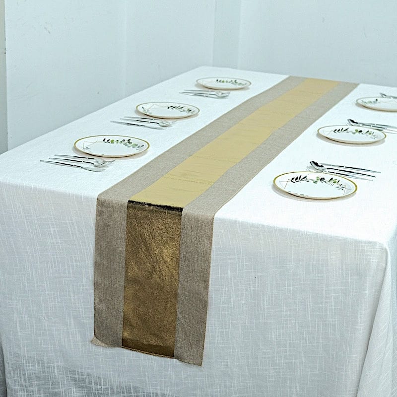 12x108 in Taupe Polyester Faux Burlap Table Runner with Gold Metallic Design