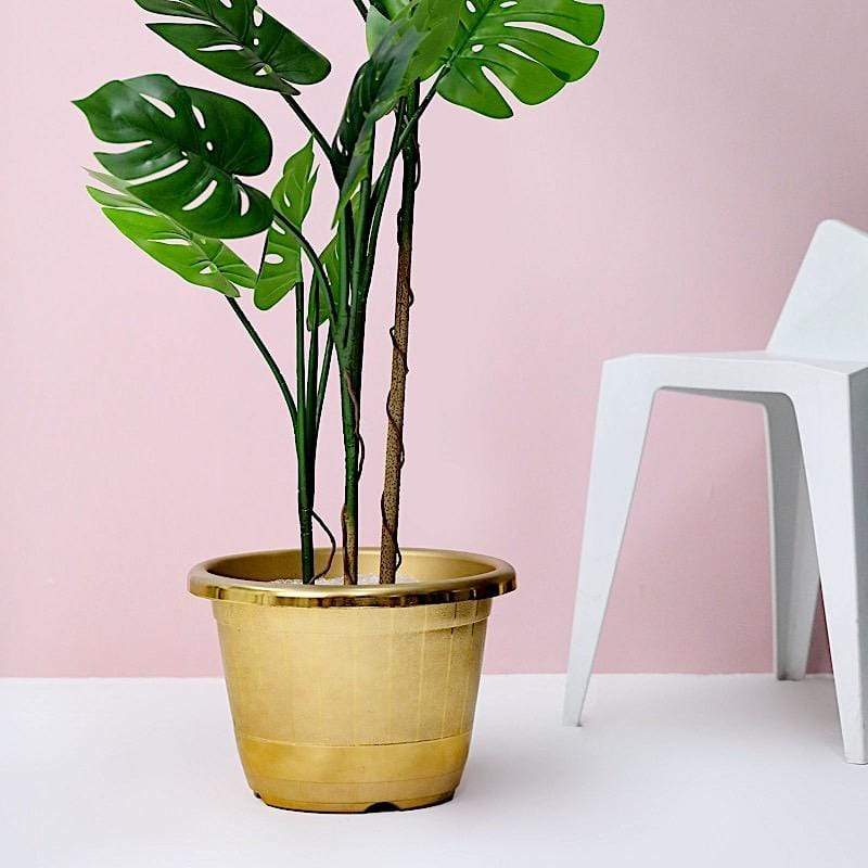 10 in tall Round Plastic Flower Plant Pot with Metallic Barrel Design
