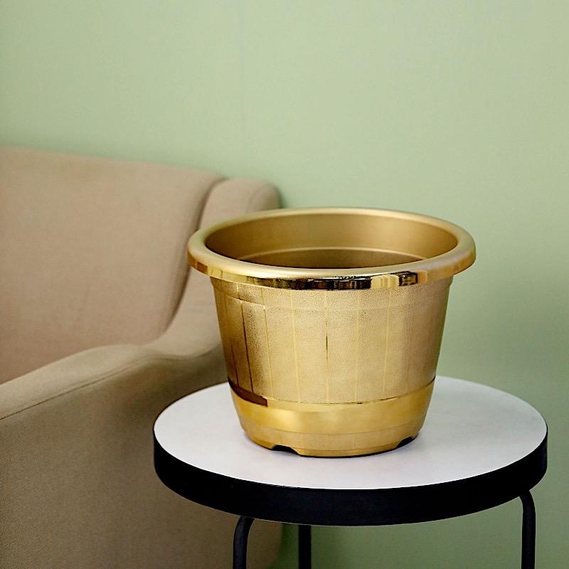 10 in tall Round Plastic Flower Plant Pot with Metallic Barrel Design