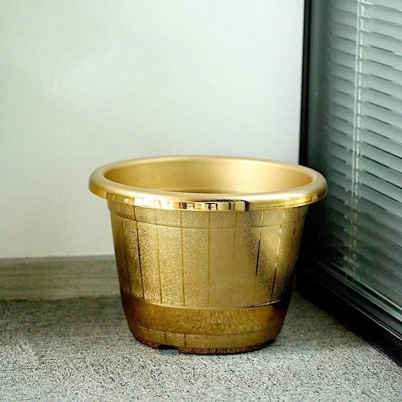 10 in tall Round Plastic Flower Plant Pot with Metallic Barrel Design