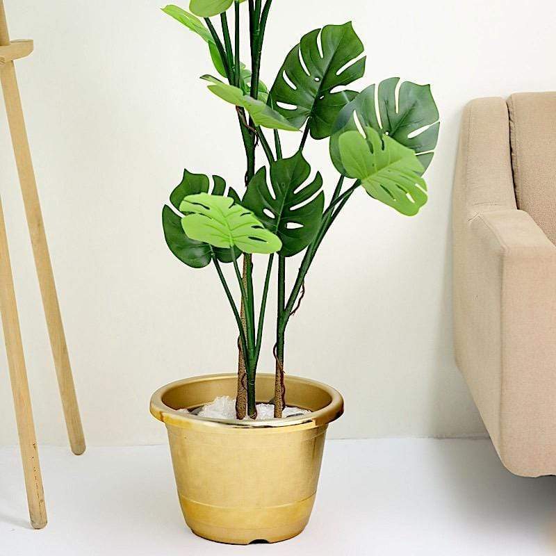 10 in tall Round Plastic Flower Plant Pot with Metallic Barrel Design