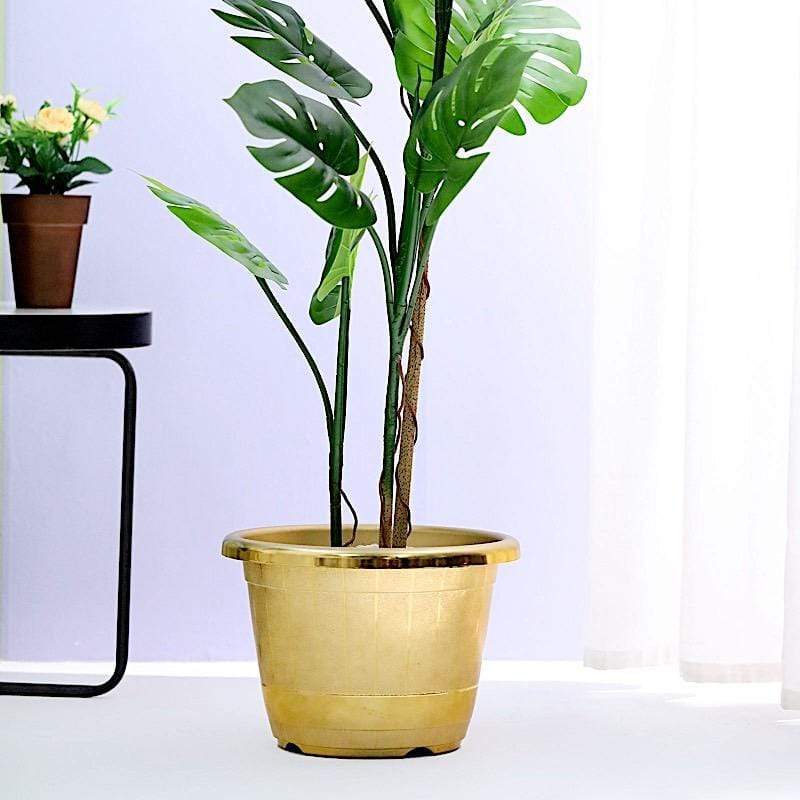 10 in tall Round Plastic Flower Plant Pot with Metallic Barrel Design