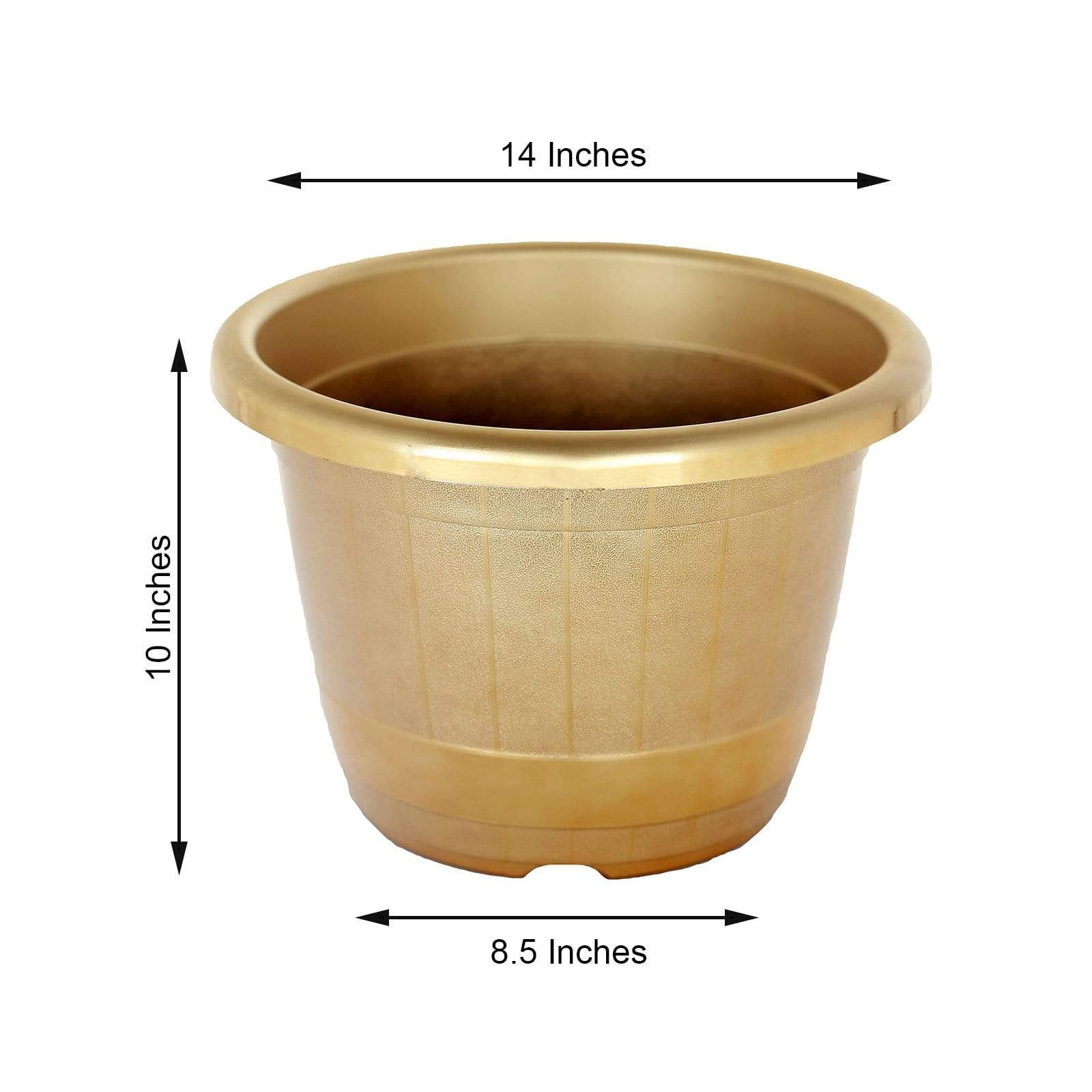 10 in tall Round Plastic Flower Plant Pot with Metallic Barrel Design