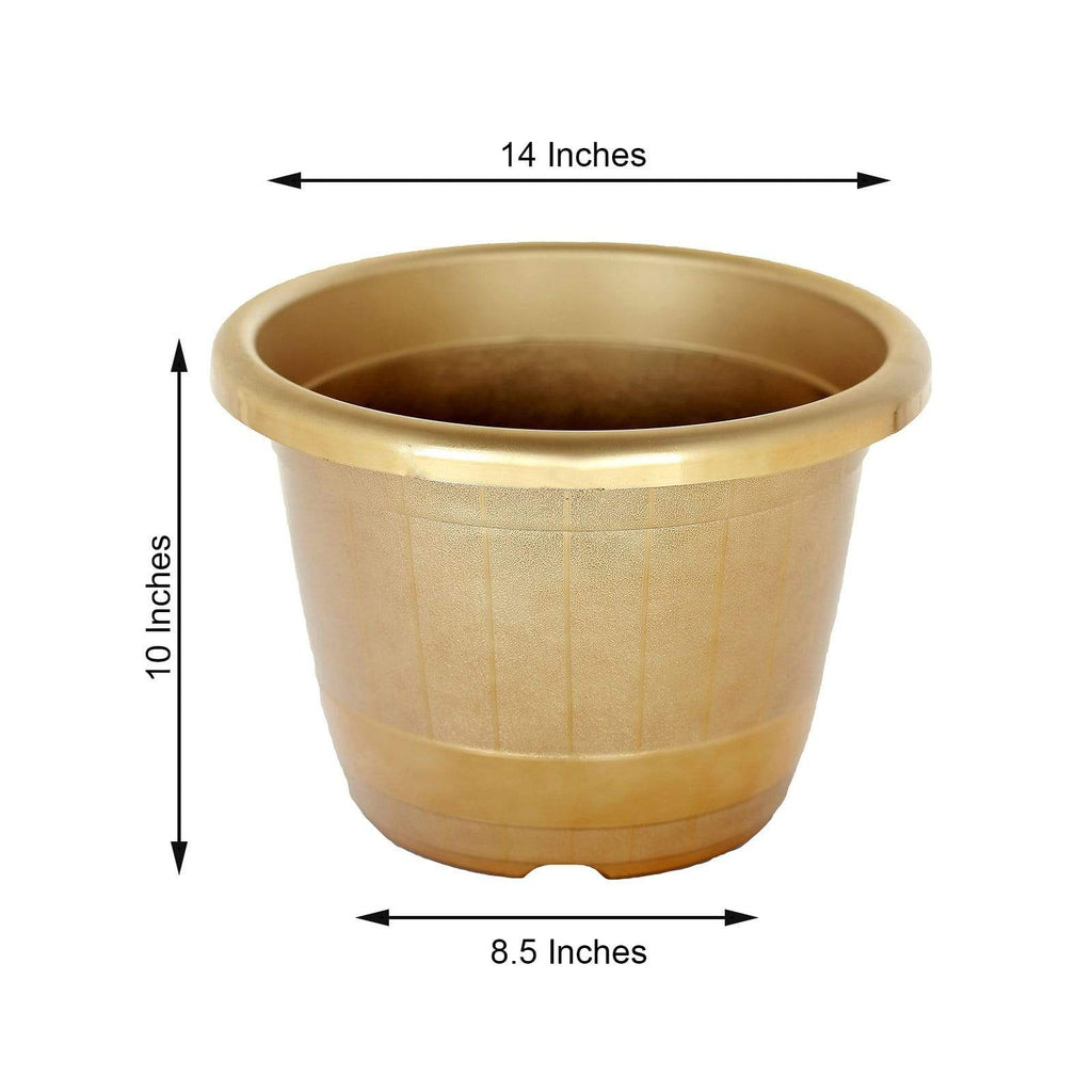 designer plastic pots for plants 10 in tall Round Plastic Flower Plant Pot Metallic Barrel Design