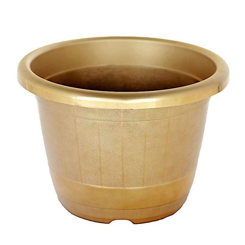 10 in tall Round Plastic Flower Plant Pot with Metallic Barrel Design