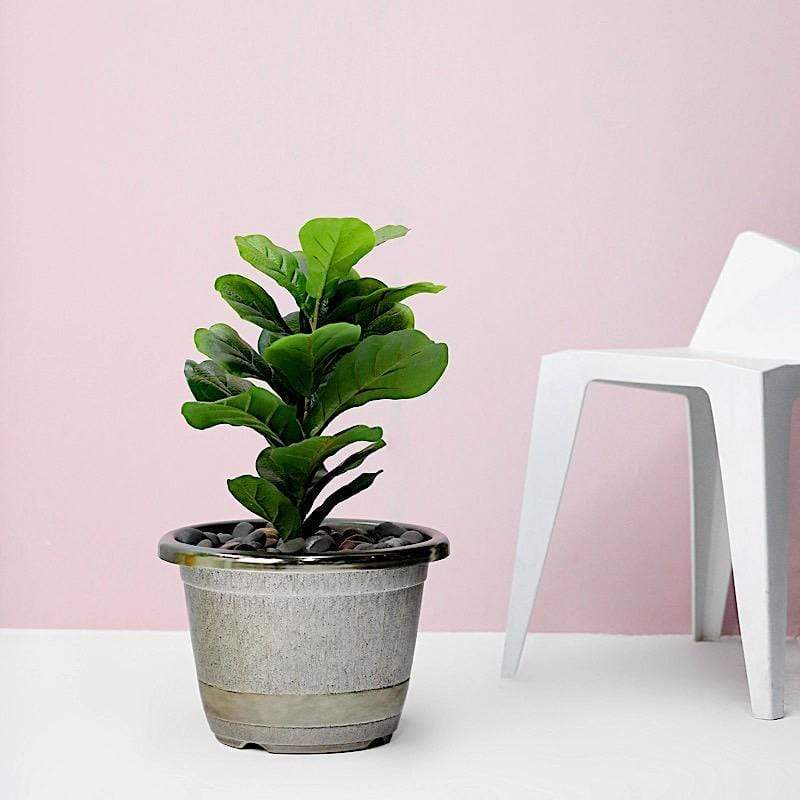 10 in tall Round Plastic Flower Plant Pot with Metallic Barrel Design